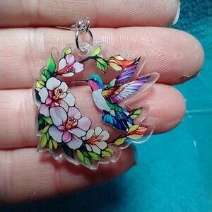 Cute wire dangle earrings hummingbird flower floral
